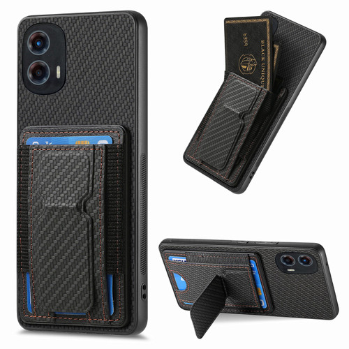 Moto G 5G 2024 Carbon Fiber Fold Stand Elastic Card Bag Phone Case - Black